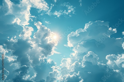 Blue sky background with tiny clouds and sun. Nature abstract background.
