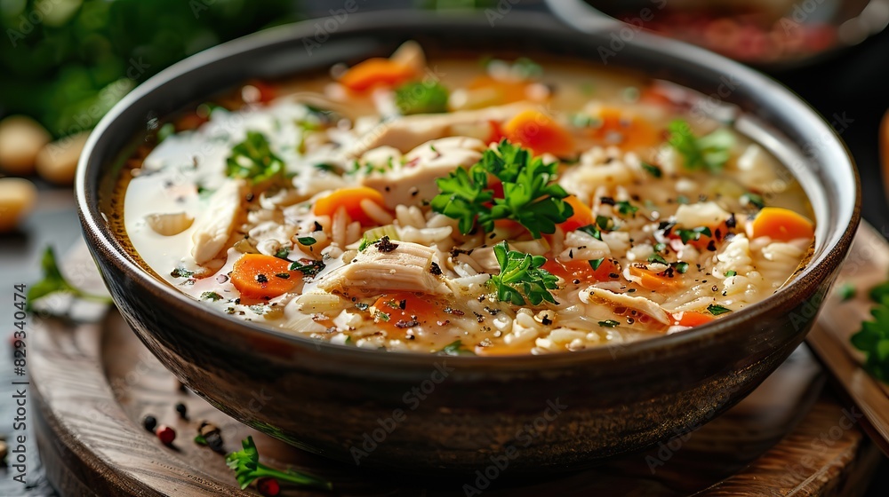 A bowl of hearty chicken and rice soup, perfect for cold days.