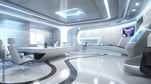 Futuristic tech company office with innovative design, sleek furniture, high-tech gadgets, bright lighting