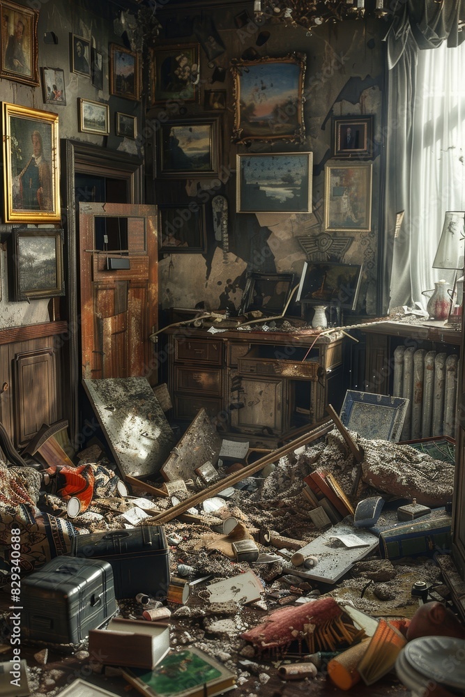 Disaster chaos, with items scattered in a damaged room. Disaster chaos, with items scattered in a damaged room.