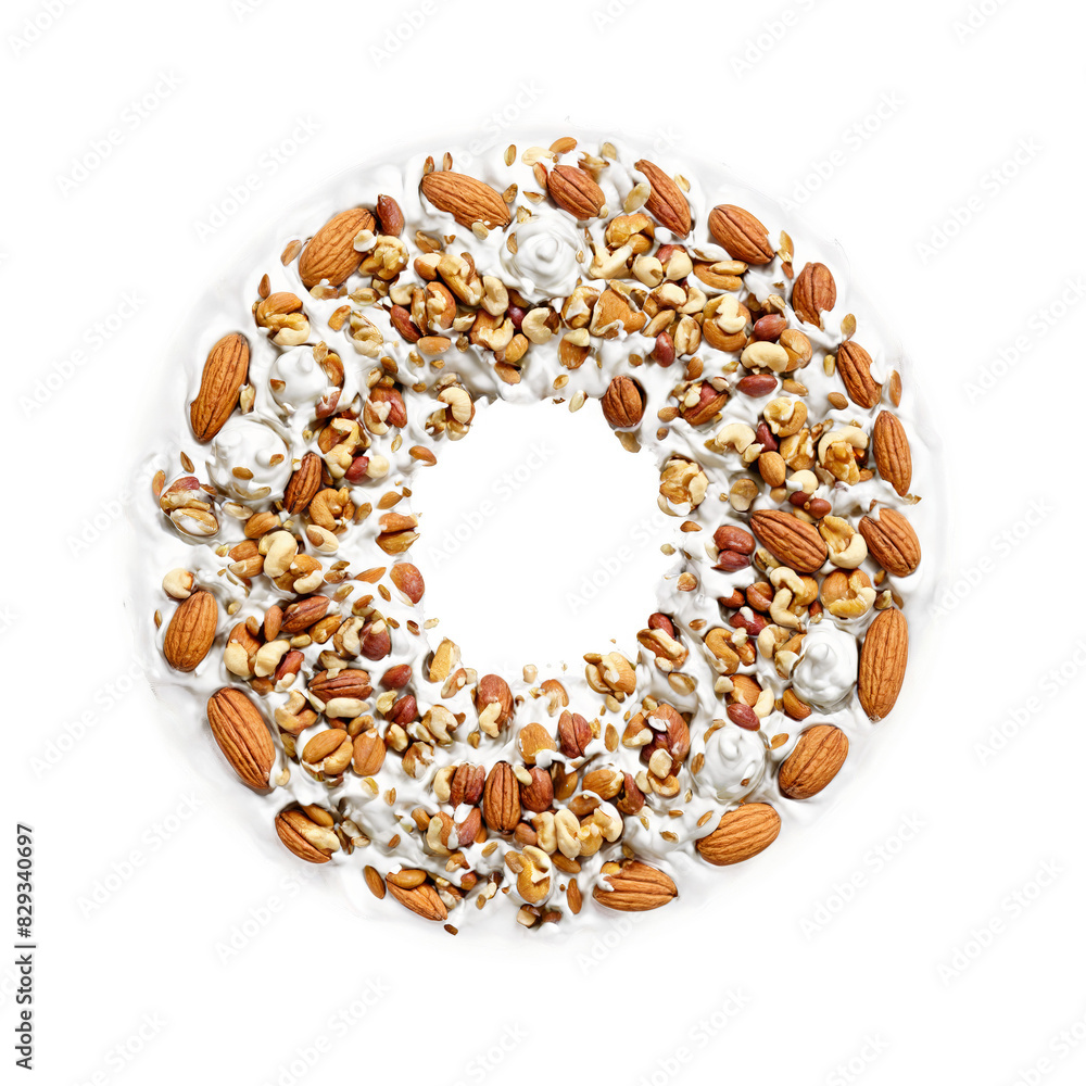 Obraz premium Yogurt coated nut mix mandala floating yogurt covered nuts and seeds Food and culinary concept