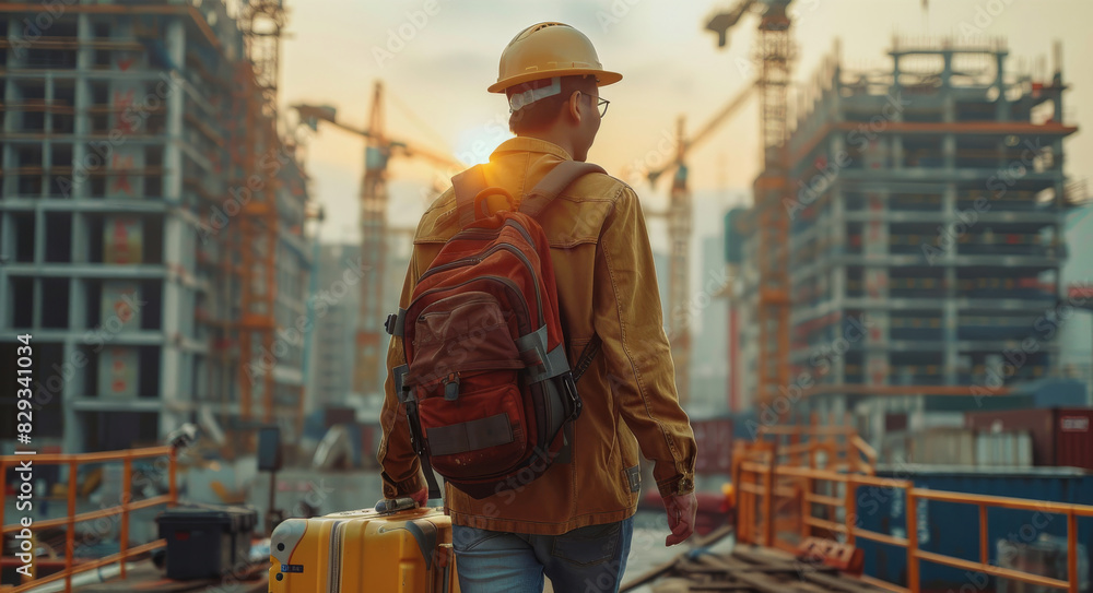 A Chinese construction worker leaving a busy construction site, carrying a packed suitcase and waving goodbye to his coworkers. The background shows cranes and unfinished buildings. Generative AI.