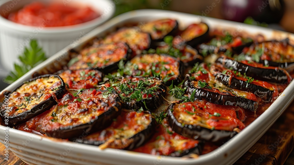 A dish of savory eggplant Parmesan, topped with marinara sauce. A dish of savory eggplant Parmesan, topped with marinara sauce.