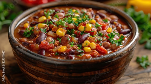 A bowl of hearty vegetable chili, filled with beans and spices.