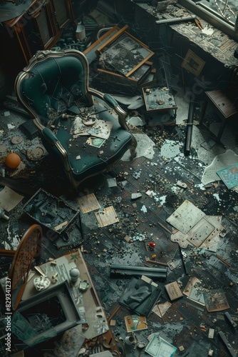 Disaster chaos, with items scattered in a damaged room.