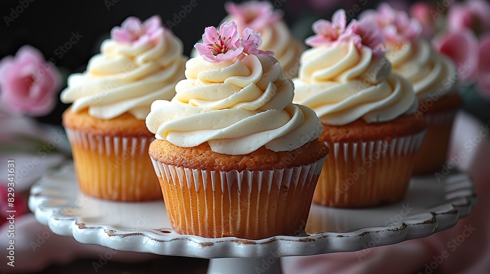 A serving of delicate vanilla cupcakes, topped with buttercream.