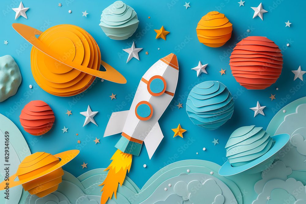 A colorful paper rocket launching into space, surrounded by vibrant ...