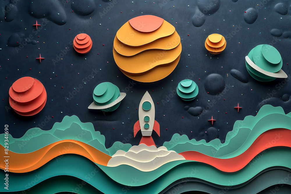 A dynamic and colorful paper rocket launching into space, surrounded by ...