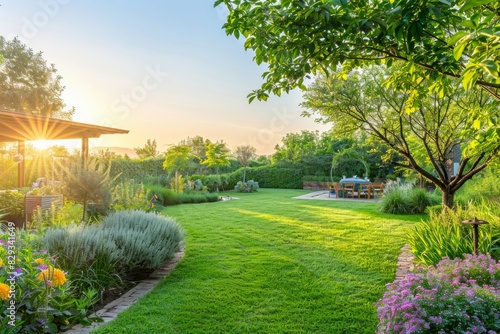 Eco-Friendly Pest Control in a Lush Backyard at Dawn with Natural Repellents and Mosquito Traps