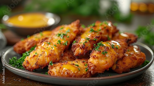 A plate of crispy chicken tenders, served with honey mustard. © Sang