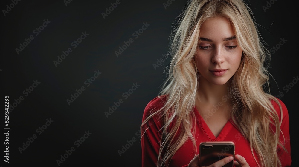 Blonde hair woman with red shirt holding a phone, black background. Generative AI. Blonde hair woman with red shirt holding a phone, black background. Generative AI.