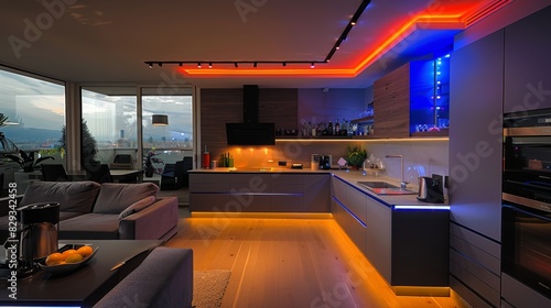 Illuminate your modern kitchen at night with LED strips lining the cabinets and a built-in TV screen  offering both