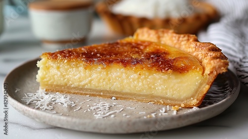 A slice of creamy coconut custard pie, with a flaky crust.