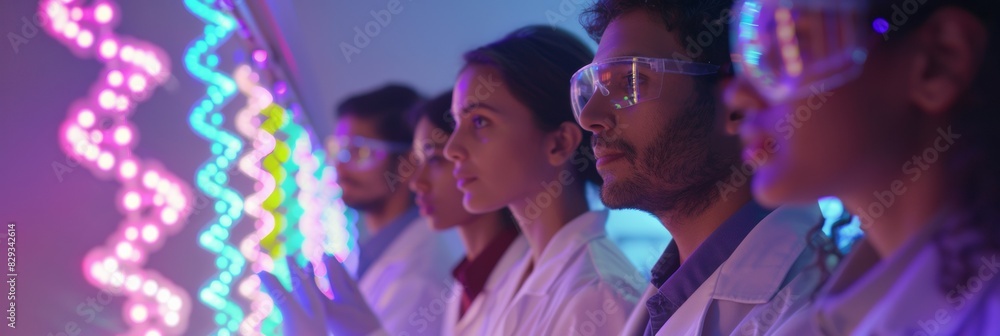 Multiracial Scientists at International Conference Present Genetic Engineering Breakthrough with Futuristic Tech, Evening Excitement Multiracial Scientists at International Conference Present Genetic Engineering Breakthrough with Futuristic Tech, Evening Excitement