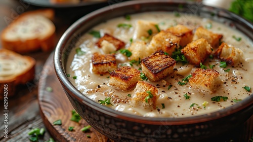 A bowl of creamy roasted garlic soup, garnished with croutons. © Sang