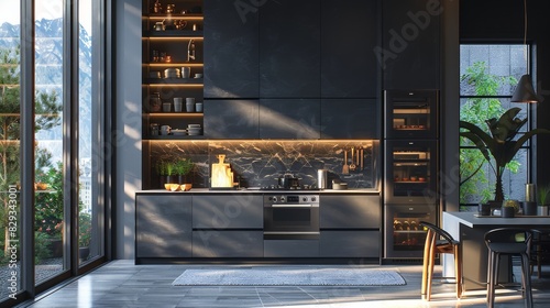 A gray black modern style kitchen with open walls. Generative AI.