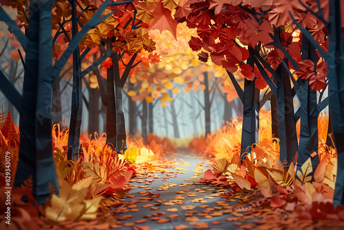 A papercraft of autumn in the forest path with paper leaves in shades of orange and yellow, a nostalgic and tranquil mood. photo