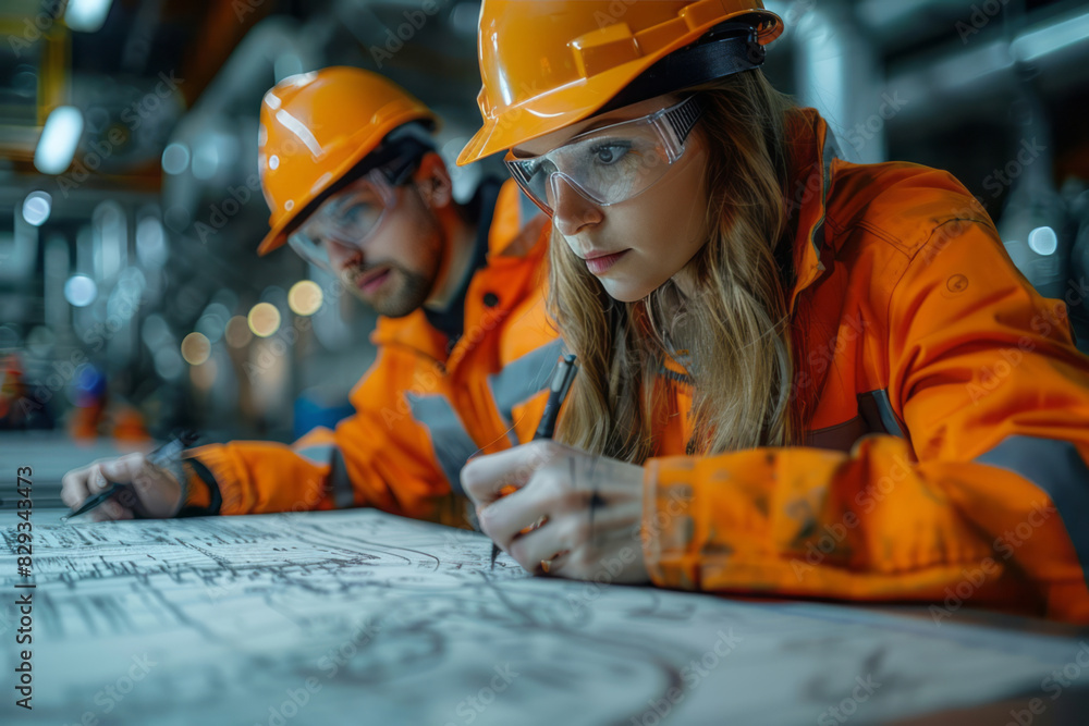 Two workers, donned in safety gear with hard hats and goggles, work on the production line in the oil and gas industry. Two workers, donned in safety gear with hard hats and goggles, work on the production line in the oil and gas industry.