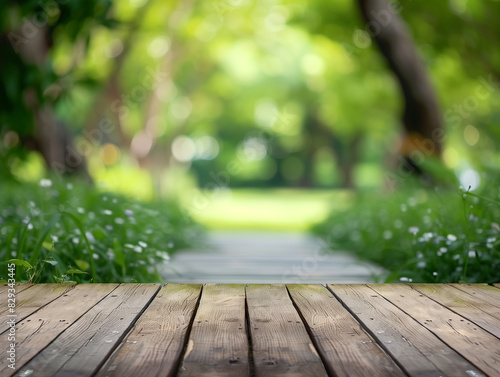Rustic Wooden Tabletop with Blurred Green Nature Background