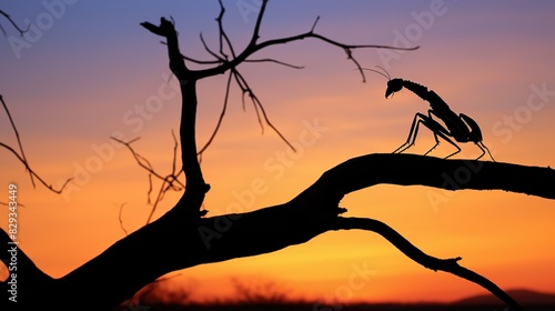 The silhouette of trees and an Empusa pennata mantis against a gradient twilight sky.