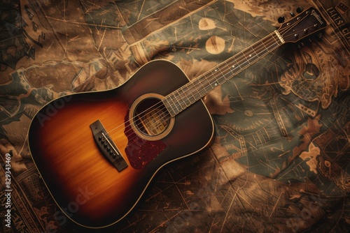 A guitar frame mockup with a sunburst finish, set against a vintage poster background photo