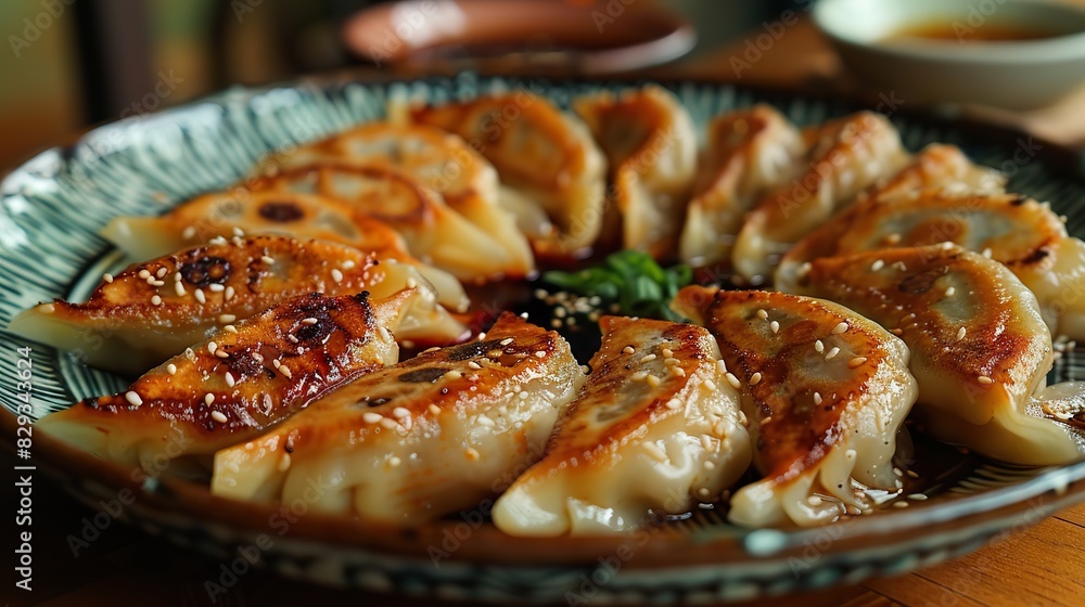 A plate of savory pork dumplings, served with soy sauce. A plate of savory pork dumplings, served with soy sauce.