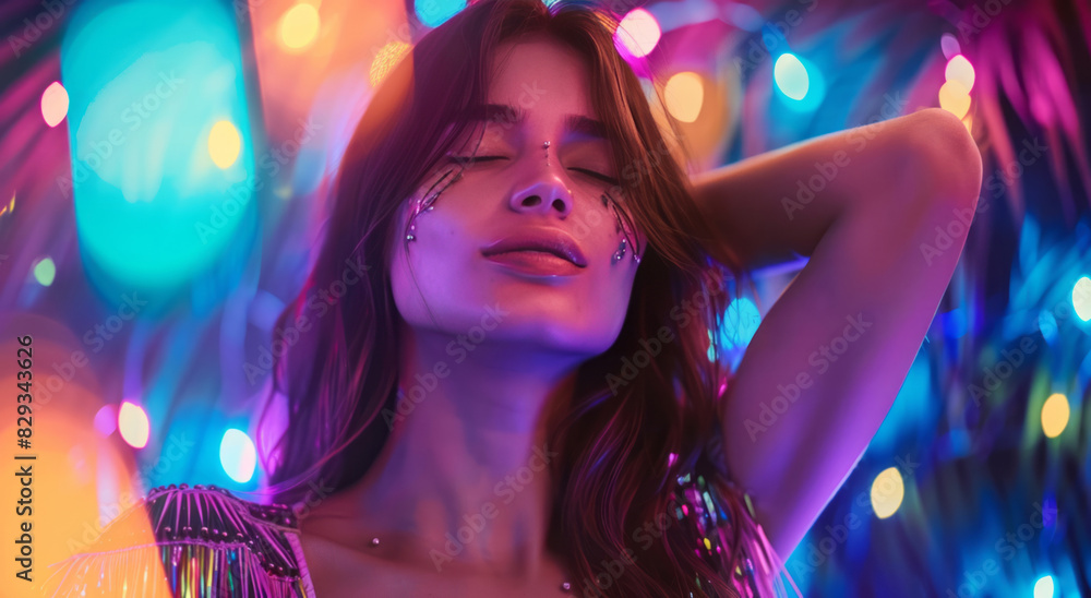 A woman, adorned in an elegant top with shoulder fringes and long hair, dances amidst neon and colorful lights.
