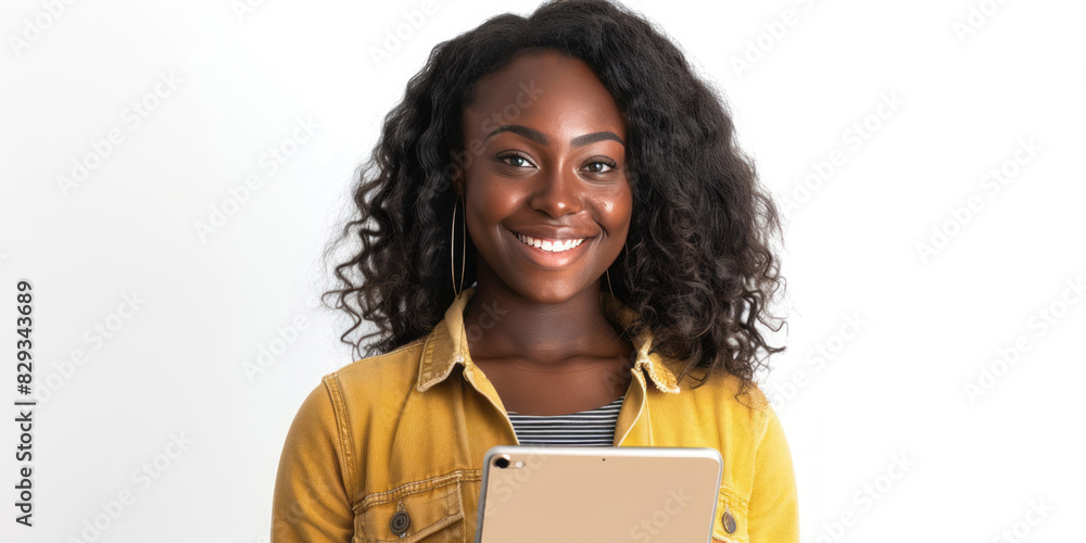 A woman, smiling and holding an tablet, stands in casual attire, isolated on a white background. A woman, smiling and holding an tablet, stands in casual attire, isolated on a white background.