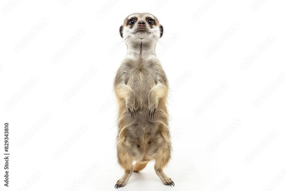 Tiny meerkat standing on its hind legs isolated on white background Tiny meerkat standing on its hind legs isolated on white background