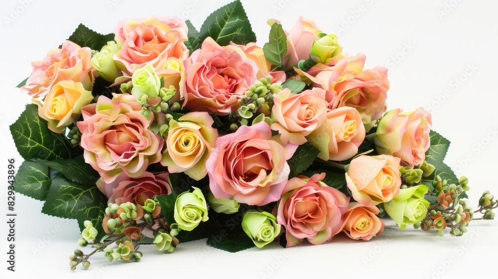 Congratulatory and festive arrangement of pink and peach roses with a green and yellow accent