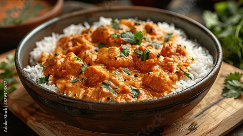 A dish of flavorful chicken tikka masala, served with rice.