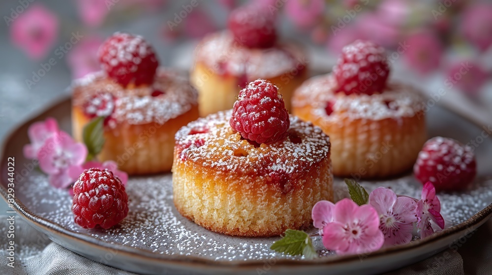 A serving of delicate raspberry financiers, arranged on a plate. A serving of delicate raspberry financiers, arranged on a plate.