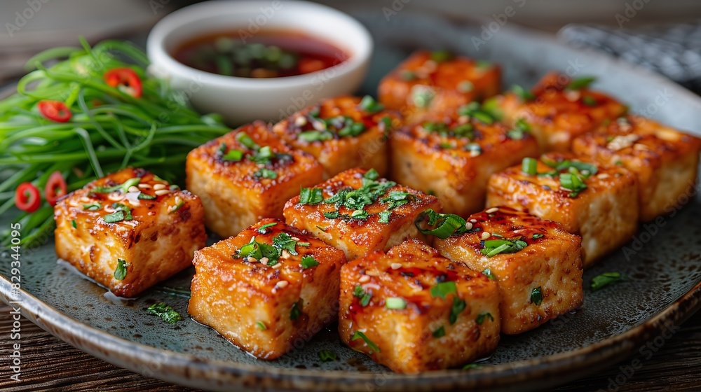 A plate of crispy fried tofu, served with dipping sauce. A plate of crispy fried tofu, served with dipping sauce.