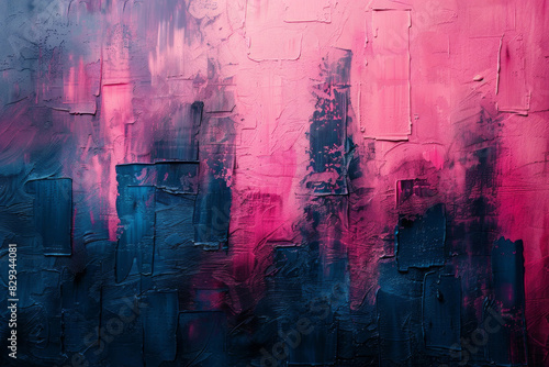 A print features brush strokes in blue and pink, paint splashes, and double exposure, with large text on the right side of an abstract background. photo
