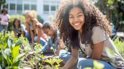 A teenage girl with curly hair and her friends plant in the school garden, all appearing happy and content.