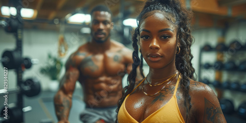 A woman and man work out in a gym, engaging in a kettlebell and dumbbell weight lifting workout.