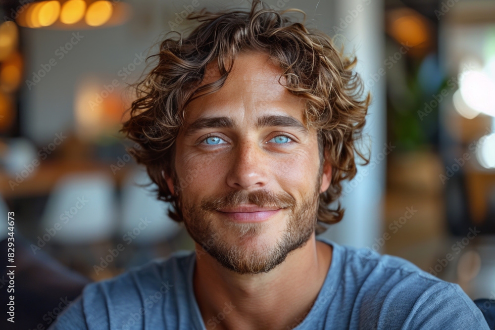 A man in his mid-twenties, with curly hair and wearing a blue shirt with a white t-shirt underneath, takes a selfie video against a modern living room background. A man in his mid-twenties, with curly hair and wearing a blue shirt with a white t-shirt underneath, takes a selfie video against a modern living room background.