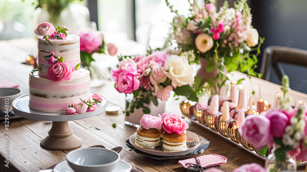 Birthday cake with candles and flowers on the table. Selective focus Birthday cake with candles and flowers on the table. Selective focus