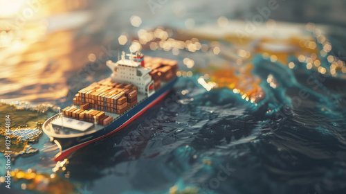A cargo ship, loaded with containers, on a world map, symbolizing global trade and logistics, with the background blurred to emphasize the vessel. © Duka Mer