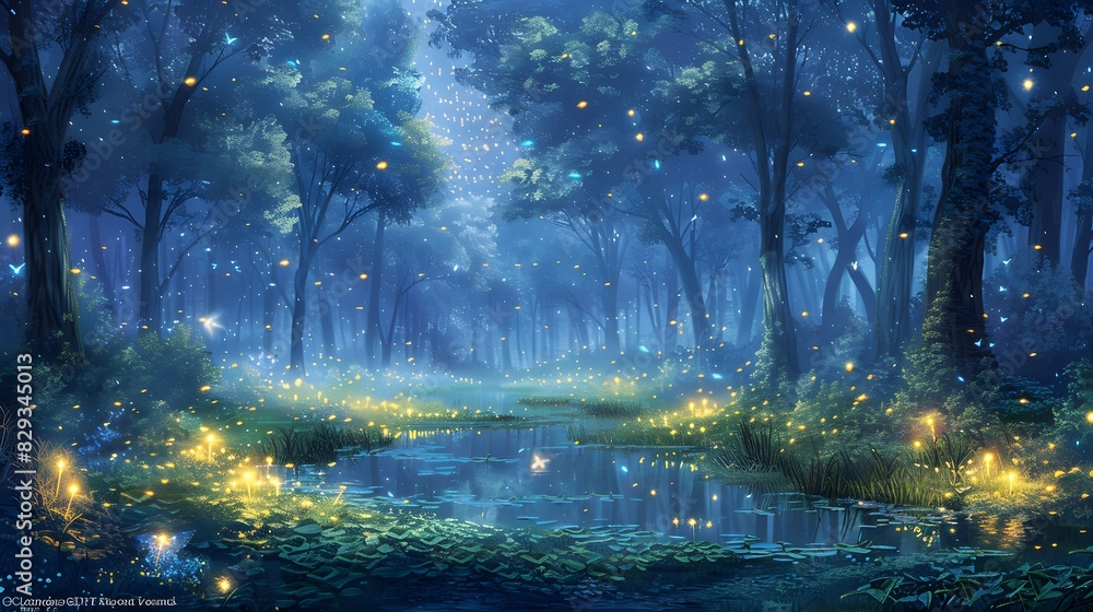 tranquil forest glade bathed in the soft, gentle glow of fireflies and bioluminescent plants