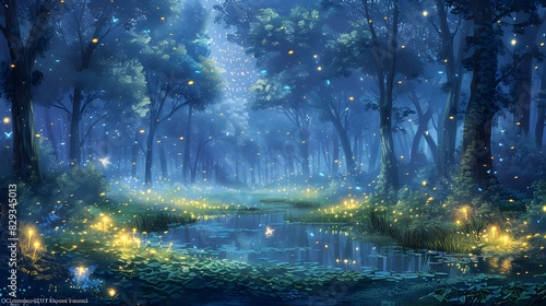 tranquil forest glade bathed in the soft  gentle glow of fireflies and bioluminescent plants
