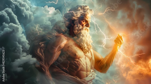 Illustration of ZEUS, god of sky and thunder. Zeus, king of the Greek gods, is ready to hurl lightning down on the world and mankind. photo