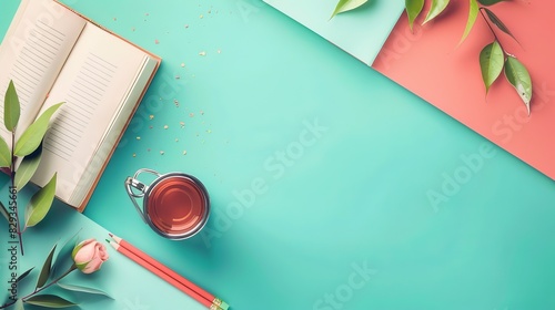 Top view of books and pencils symbolizing the achievement and celebration of academic success on a pastel background. Education concept