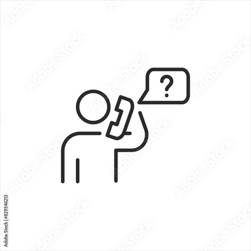 Person asking a question icon. Simple illustration of an individual on a phone call with a question mark in a speech bubble, representing inquiry and the need for information. Vector illustration