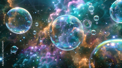 Beautiful transparent shiny background of rainbow soap bubbles. Festive background. Fantastic, cosmic texture. photo