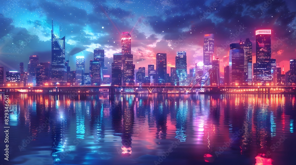 Fototapeta premium The city skyline photographed from across a wide river, with magnificent sparkling lights