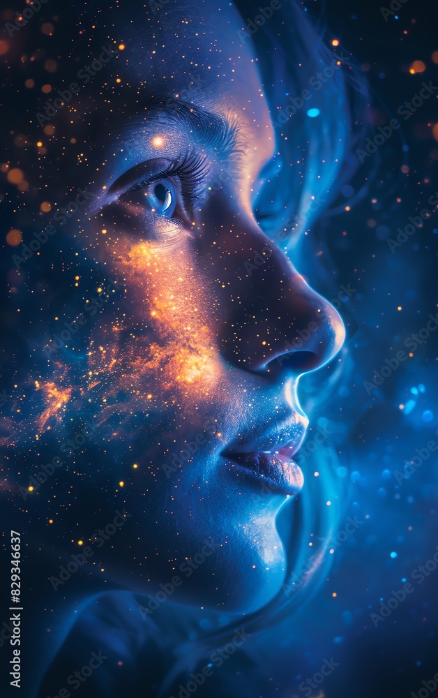 A surreal digital artwork of a woman's face merging with a starry cosmos, symbolizing imagination, dreams, and the universe within. A surreal digital artwork of a woman's face merging with a starry cosmos, symbolizing imagination, dreams, and the universe within.