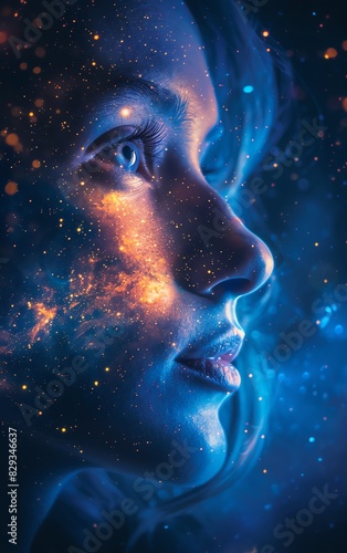 A surreal digital artwork of a woman's face merging with a starry cosmos, symbolizing imagination, dreams, and the universe within.