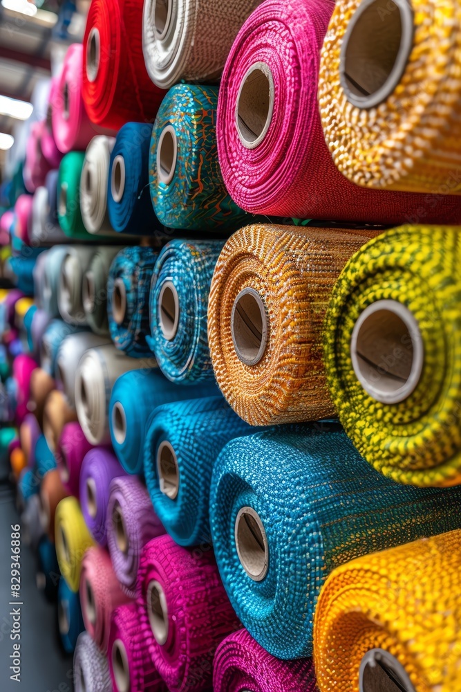 Fototapeta premium A variety of colorful rolls of fabric sit on shelves in a warehouse, ready to be used to create beautiful garments and other items.