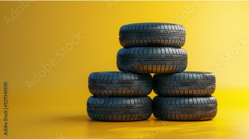A pile of tires on yellow background with copy space. Generative AI.